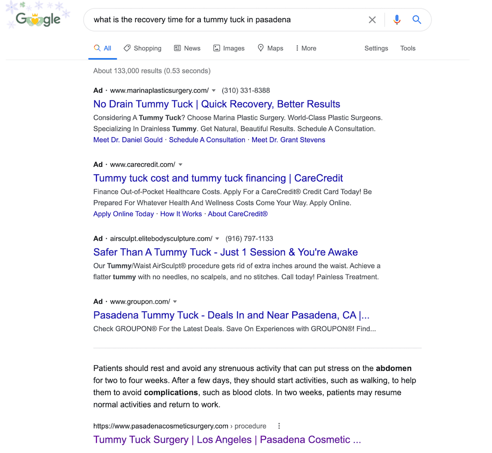 Google search results page for query "what is the recovery time for a tummy tuck in Pasadena"