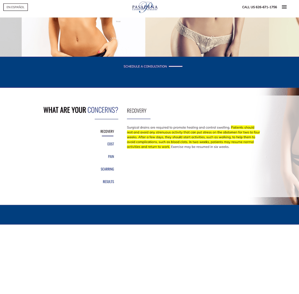 Screenshot of a plastic surgery page showing recovery from tummy tuck information